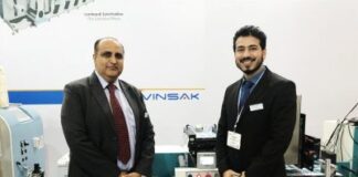 Labelexpo/Brand Print India 2020 postponed Ranesh Bajaj, director of Vinsak and Tilak Raj from the Marketing and Communications department of the company at Labelexpo India 2018.
