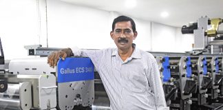Libako in Kolkata installs Gallus ECS 340 label press Balai Adhikary, director, Libako Packaging, with the new Gallus ECS 340 flexo press installed in the Ecospace built in the Jalpath in Kolkata Photo: Gallus Ferd. Rüesch