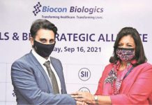 Biocon and SII to collaborate on vaccines and infectious diseases L to R – Adar Poonawala of Serum Instittute of India and Krian Mazumdar Shaw announce an alliance to develop and distribute vaccines and drugs for infectious diseases on 16 September 2021 Photo Indian Express