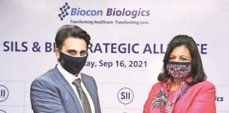 Biocon and SII to collaborate on vaccines and infectious diseases L to R – Adar Poonawala of Serum Instittute of India and Krian Mazumdar Shaw announce an alliance to develop and distribute vaccines and drugs for infectious diseases on 16 September 2021 Photo Indian Express