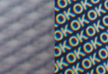 Toppan’s Illumigram displays text & images with depth in strong light Text appears (right) when light is shone on Illumigram. Photos: Toppan Inc.