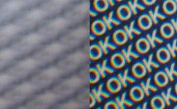 Toppan’s Illumigram displays text & images with depth in strong light Text appears (right) when light is shone on Illumigram. Photos: Toppan Inc.